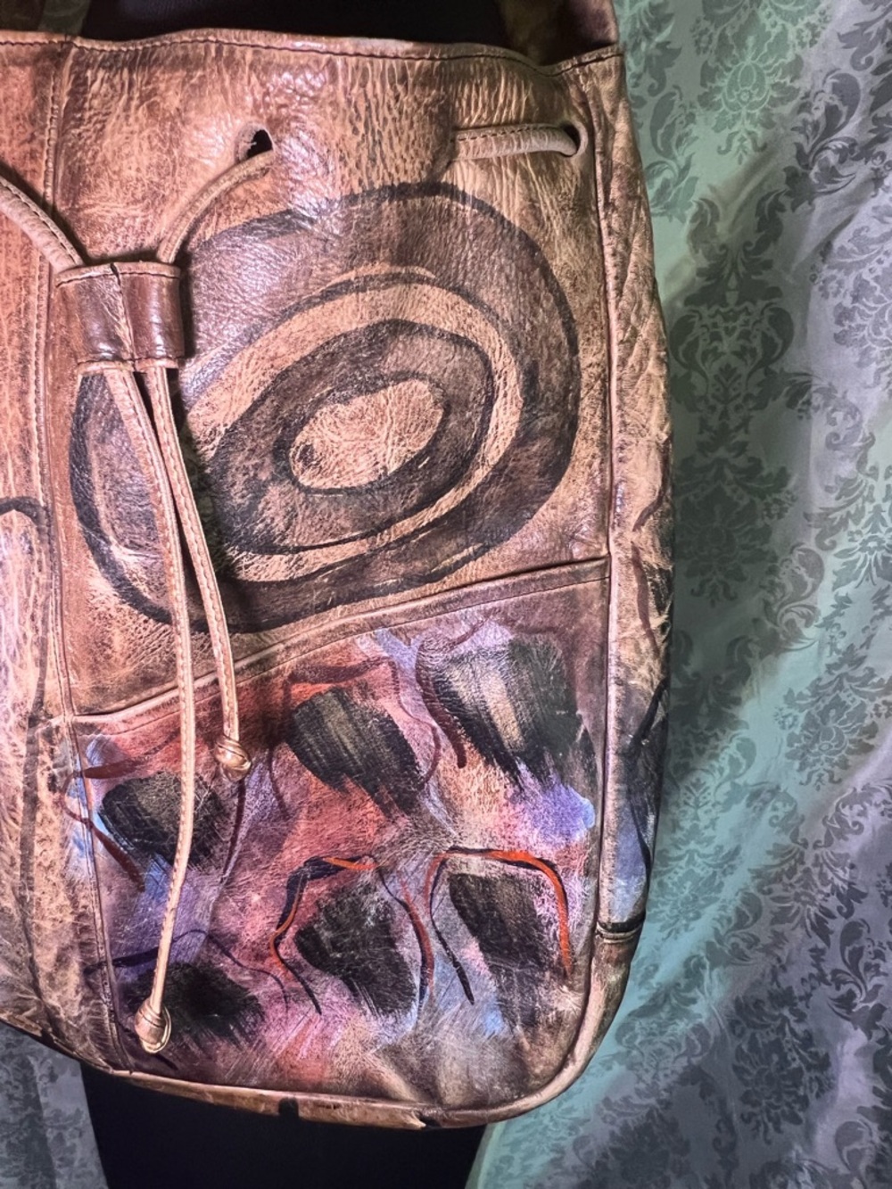 Jane Yoo Wearable Art Hand-Painted Brown Leather Shoulder Bag - Picture 3 of 10